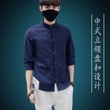 中国风夏季盘扣衬衫男中式立领唐装复古棉麻上衣大码青年短袖衬衣
