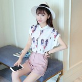 套装女夏季2016韩版女装大码时尚印花雪纺衫上衣显瘦短裤两件套潮