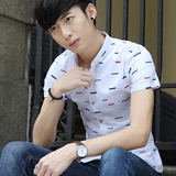 夏季新款韩版男士短袖衬衫横条修身型印花个性寸杉休闲装夏天村衣