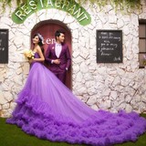 2016展会新款影楼主题服装情侣写真婚纱摄影拍照紫色大拖尾长拖裙