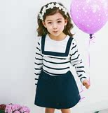 2016年春装新 韩国童装女童条纹海军领百搭长袖T恤 打底衣 上衣