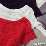 warmo2016夏季新款韩版修身显瘦镂空大领子短袖针织T恤百搭上衣女