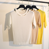 2016夏季韩版纯色套头圆领镂空时尚百搭薄款针织衫短袖T恤上衣女