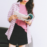 韩国ulzzang学院风bf宽松中长款格子长袖衬衫女早秋学生薄款外套