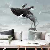 手绘简约意境梦幻天空壁纸 个性鲸鱼客厅卧室背景墙墙纸 定制壁画