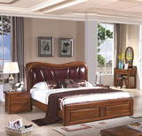 实木双人床 胡桃木双人真皮软靠床 简约现代中式卧室高箱储物婚床
