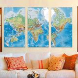 超大世界地图挂画中国地图画办公室装饰画三联无框创意壁画中英文