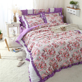 韩全棉公主床裙四件套紫纯棉田园碎花边被套床单双人被罩1.5m1.8m