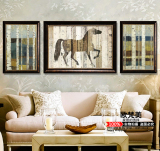 进口原版欧式美式装饰画客厅沙发墙横版挂画有框组合三联壁画挂马