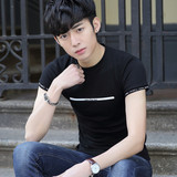 短袖T恤男 纯棉夏季紧身圆领打底衫黑色 韩版修身青少年半袖上衣