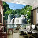 热销现代中式大型客厅电视背景壁画 3D立体山水瀑布景观墙纸壁纸
