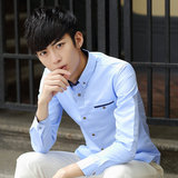 2016春夏季男士新款条纹长袖衬衣韩版青少年修身型纯色长衬衫衣服