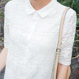夏季新款修身短袖t恤娃娃领纯色白上衣韩版中长款蕾丝打底衫女潮