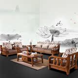 中式实木沙发茶几组合橡木客厅家具u型木质沙发坐布艺垫大小户型