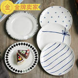 北欧式简约黑白蓝调几何创意陶瓷盘子西餐盘骨瓷牛排盘餐具点心盘