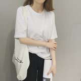 韩国新款百搭宽松纯棉口袋t恤女装夏季短袖圆领纯色中袖体恤上衣