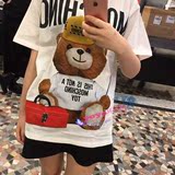 正品代购 moschino 16春夏新款情侣卡通印花小熊宽松男女短袖 T恤