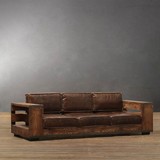 美式复古LOFT工业风格铁艺实木客厅做旧真皮沙发椅仿古实木卡座