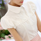新款韩版小清新娃娃领蕾丝短袖衬衫女 学院风修身白色雪纺衫衬衣