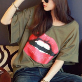 夏季女装韩版大嘴唇印花超大码打底衫上衣体恤中长款宽松短袖t恤