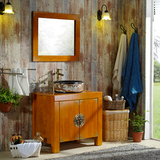 中式实木浴室柜复古卫浴柜组合仿古古典橡木落地陶瓷盆洗手台定制