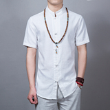 中国风复古短袖白色唐装男士夏季盘扣棉麻衬衫文艺中青年居士服茶