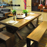 全实木餐桌椅组合6人 长方形饭桌原木做旧咖啡桌美式长桌复古餐桌