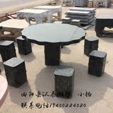 石雕石桌 大理石一桌四凳 中国黑石材荷叶桌雕刻户外公园茶几摆件