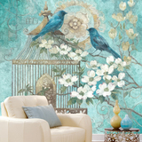 欧式手绘墙纸 客厅电视背景墙壁纸 卧室鸟笼花卉大型壁画美式墙布