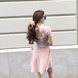 2016夏季新款女装小香风性感露背短袖蓬蓬裙粉色针织修身连衣裙
