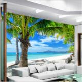 定制大型壁画3d地中海风景海滩椰子沙发客厅电视墙背景壁纸墙纸
