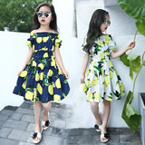 夏季女童一字领连衣裙韩版中大童露肩短袖公主裙儿童柠檬印花裙子