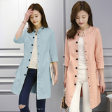 2016春装新品外套女韩版中长款纯棉外套七分袖修身圆领小香风外套