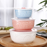 微波炉家用陶瓷碗保鲜碗三件套装带盖密封韩式餐具米饭盒便当盒