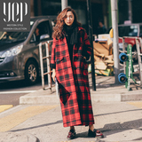 YEP2016冬装新品韩版百搭修身红黑格子毛呢外套中长款呢子大衣女