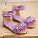女童凉鞋2016夏季新款韩版紫色蕾丝珍珠露趾宝宝鞋公主鞋儿童鞋子