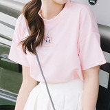 日系软妹夏装女装可爱卡通猫咪刺绣宽松百搭短袖套头T恤上衣学生