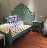 美式复古实木床法式做旧蓝雕花双人床欧式婚床卧室仿古家具四件套