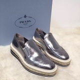 欧洲代购 Prada/普拉达 银色镜面一脚蹬草编底 女鞋 厚底鞋休闲鞋