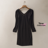EVER7016 春秋季新款外贸V领七分袖黑色连衣裙 韩版修身女裙BB17