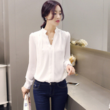2016春装新款韩版休闲百搭修身白衬衫女长袖V领时尚显瘦衬衣上衣