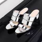 韩版时尚2016新款银色女士一字型粗跟凉拖鞋女夏40-43大码高跟鞋