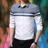夏季新款男士长袖衬衣修身型韩版青年拼色休闲纯棉男装寸衣薄衬衫