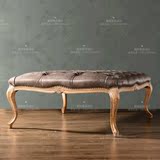 欧式美式田园实木雕花做旧床尾凳换鞋凳卧室床凳软包拉扣影楼家具