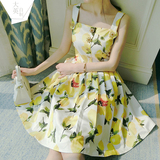 大英自制 柠檬印花连衣裙夏中长款韩国修身显瘦百褶裙吊带小清新
