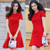 欧洲站代购杨颖明星同款大红色连衣裙2016夏季修身OL中长款裙子