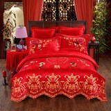 新婚庆大红色全棉四件套结婚礼床上用品贡缎刺绣花纯棉床单被套件