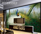 3D立体森林孔雀油画客厅电视背景墙壁画墙纸壁纸无缝墙布壁布