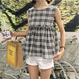 夏韩国复古格子棉麻无袖衬衫女学生 显瘦短款拼接花边娃娃衫上衣