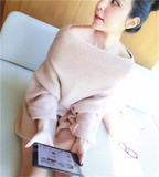 韩国代购2016秋冬季一字领毛衣女套头宽松中长款 露肩针织连衣裙